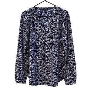Ann Taylor Factory Navy Patterned Top Long Sleeved Business Casual Size Large